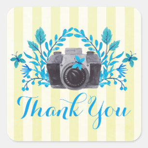 Adesivo Quadrado Câmera Com Folhas Azuis E Borboletas Obrigado