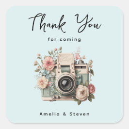 Adesivo Quadrado Camera with Flowers Retro Pastel Wedding Thank You