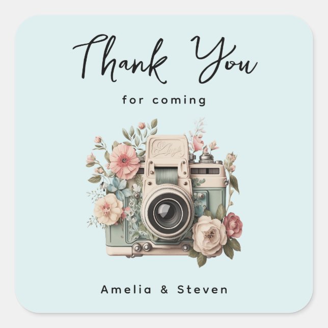 Adesivo Quadrado Camera with Flowers Retro Pastel Wedding Thank You (Frente)