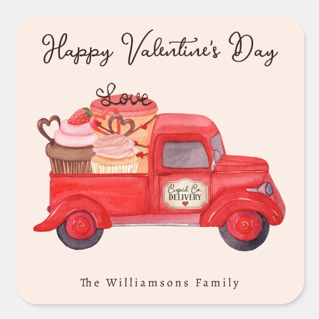 Adesivo Quadrado Caminhão de Aquarela Vermelha do dia de os namorad (Frente)
