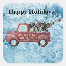 Adesivo Quadrado caminhão de colheita vermelho sobre fundo azul com