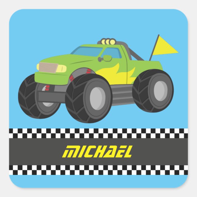 Adesivo Quadrado Caminhão de Monstro Verde legal para Meninos Racis (Frente)