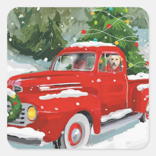 Adesivo Quadrado Caminhão de Natal Vermelho Bonito com Cão