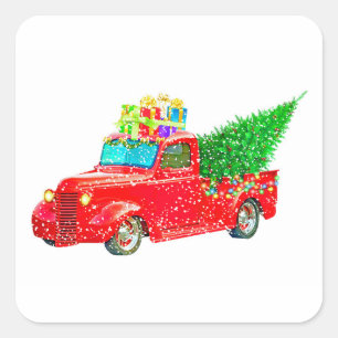 Adesivo Quadrado Caminhão vermelho de Natal com árvore de Natal e p