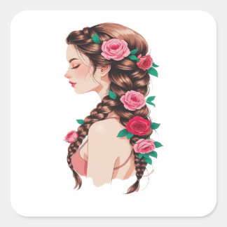 Adesivo Quadrado Camisa Floral Rosa com Trança para Mulheres