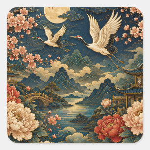 Adesivo Quadrado Camisa Infantil Elegante Paisagem Lunar Grou Japon