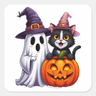 Adesivo Quadrado Camiseta de Halloween Abóbora Gato Preto Fantasma