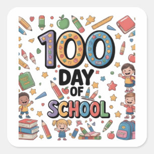 Adesivo Quadrado Camiseta Divertida do 100º Dia de Escola Criança