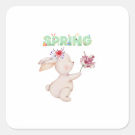 Adesivo Quadrado Camiseta Gráfica de Coelho da Primavera com Tulipa