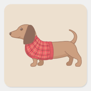 Adesivo Quadrado Camisola vermelha da xadrez do cão do Wiener do