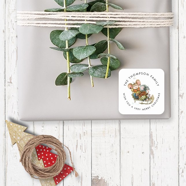 Adesivo Quadrado Camundongos bonitos, Sleigh, Feliz Natal (Criador carregado)