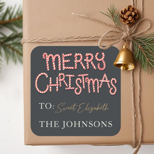 Adesivo Quadrado Candy Cane Merry Christmas Gift Sticker Tag (Square Christmas Gift Tag)