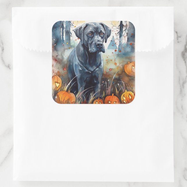 Adesivo Quadrado Cane Corso de Halloween com Abóboras Assustadoras (Bolsa)