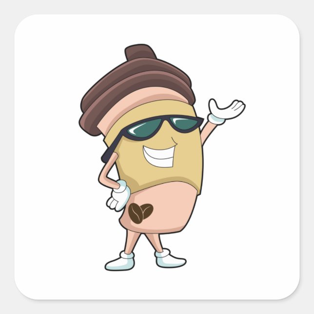 Adesivo Quadrado Caneca de café com óculos de sol (Frente)