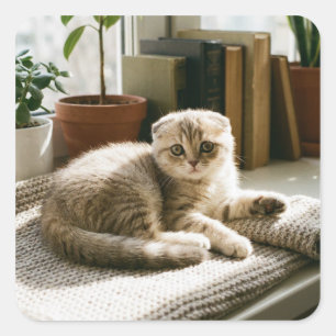 Adesivo Quadrado Caneca de Gato Fofo da Raça Scottish Fold - Café p