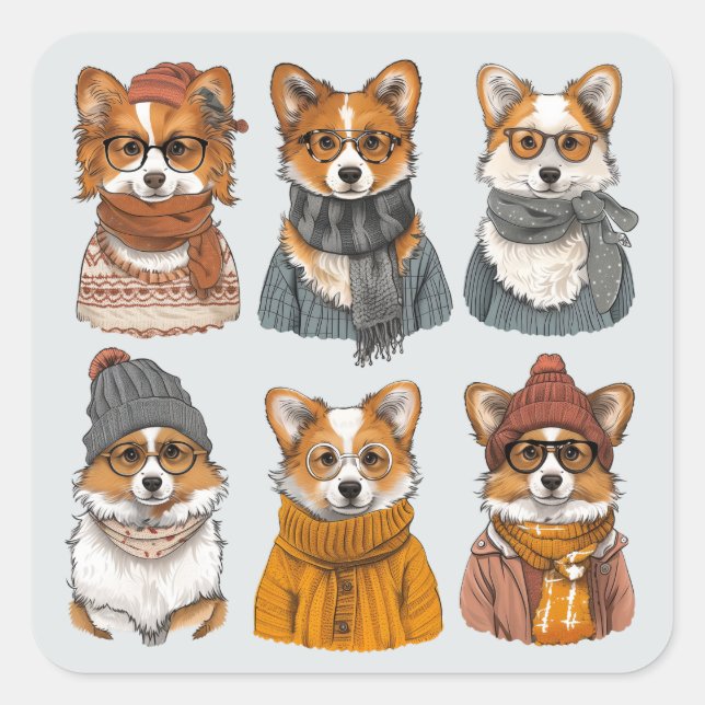 Adesivo Quadrado Caninos Motivos de Welsh Corgi (Frente)