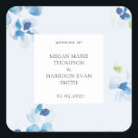 Adesivo Quadrado Cantos de flores elegantes peônias<br><div class="desc">Flores delicadas e azuis em aquarela. Coleção completa disponível aqui https://www.zazzle.com/collections/blue_and_delicate_blooms-119793753692700841</div>