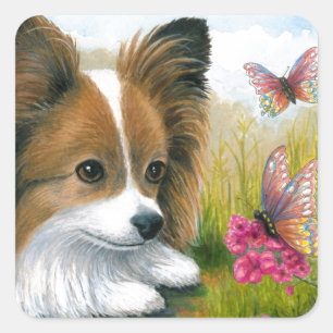 Adesivo Quadrado Cão 123 Cão Papillon com Borboletas