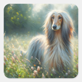 Adesivo Quadrado Cão Afegão Elegante – Pintura de Prado Floral