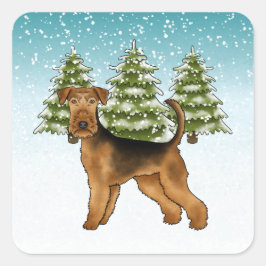 Adesivo Quadrado Cão Airedale Terrier Floresta de Inverno Nevado Fe