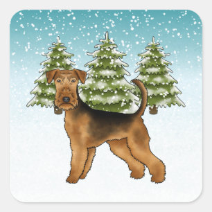 Adesivo Quadrado Cão Airedale Terrier Floresta de Inverno Nevado Fe