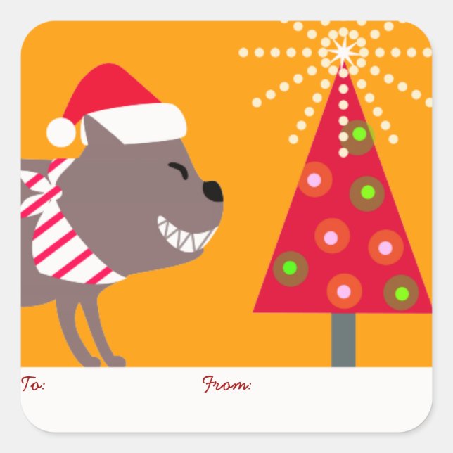 Adesivo Quadrado Cão Bandana Laranja e Árvore de Natal (Frente)