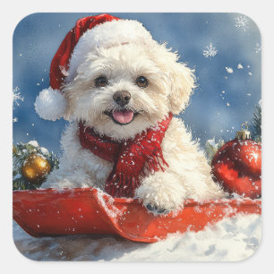 Adesivo Quadrado Cão Bichon Frise em Trenó Deixe Nevar Natal