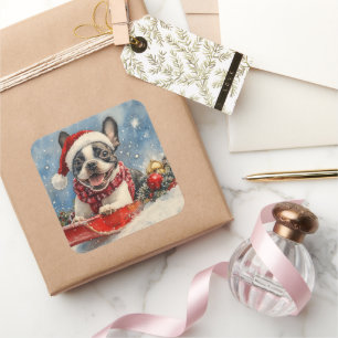 Adesivo Quadrado Cão Boston Terrier no Trenó Deixe Nevar Natal