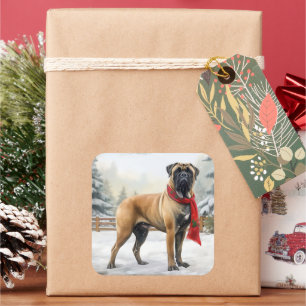 Adesivo Quadrado Cão Bullmastiff na Neve Natal