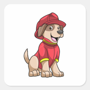 Adesivo Quadrado Cão como Bombeiro com capacete de Fogo