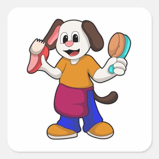 Adesivo Quadrado Cão como cabeleireiro com Razor (Frente)