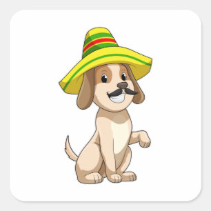 Adesivo Quadrado Cão como mexicano com chapéu de palha