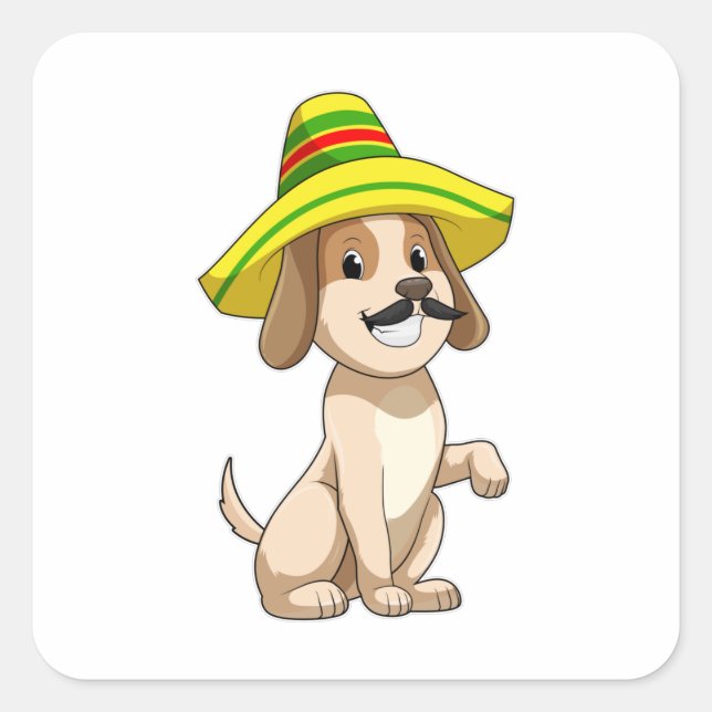 Adesivo Quadrado Cão como mexicano com chapéu de palha (Frente)