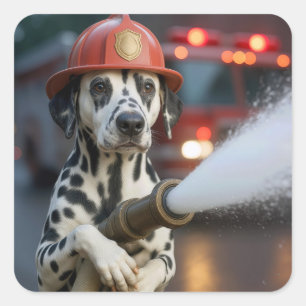 Adesivo Quadrado Cão Dalmata Com uma Mangueira de Incêndio