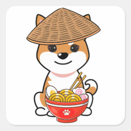 Adesivo Quadrado Cão de laranja engraçado está comendo macarrão