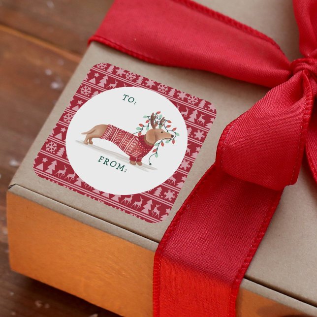 Adesivo Quadrado Cão de Natal Cozy Red Knit Sweet (Dachshund Christmas Dog Cozy Red Knitted Sweater Square Sticker)