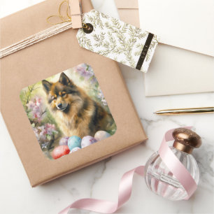 Adesivo Quadrado Cão Finlandês Lapphund  com Ovos da Páscoa