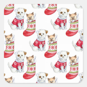 Adesivo Quadrado Cão & Gato de Natal