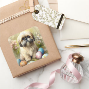 Adesivo Quadrado Cão Lhasa Apso com Feriado de Ovos de Páscoa