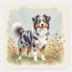 Adesivo Quadrado Cão Pastor Australiano Merle Cauda Longa