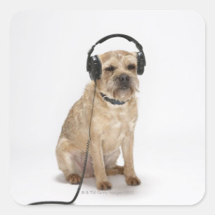 Adesivo Quadrado Cão pequeno que veste fones de ouvido