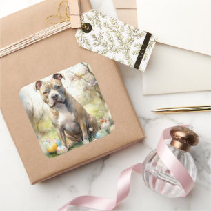 Adesivo Quadrado Cão Pitbull com Feriado de Ovos de Páscoa