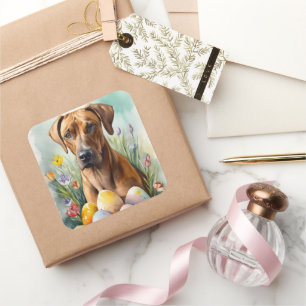 Adesivo Quadrado Cão Ridgeback da Rodésia com Feriado de Ovos de Pá