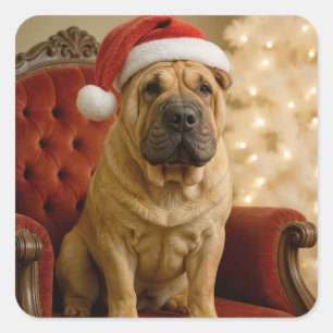 Adesivo Quadrado Cão Shar-Pei de Natal Com Chapéu de Papai Noel