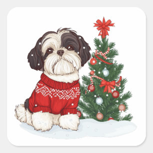 Adesivo Quadrado Cão Shih Tzu de Natal