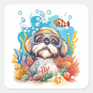 Adesivo Quadrado Cão Shih Tzu Snorkeling no Recife de Coral