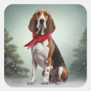 Adesivo Quadrado Cão Treeing Walker Coonhound na neve de Natal