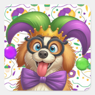 Adesivo Quadrado Cãozinho bonito Mardi Gras com chapéu de gester