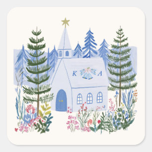 Adesivo Quadrado Capela de Casamento com Monograma Azul Bonito