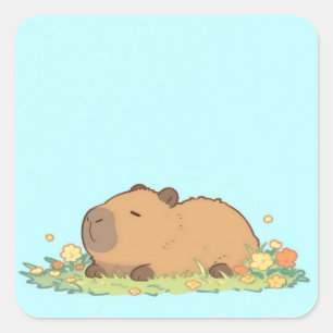 Adesivo Quadrado Capivara Dormindo Pacificamente em Prado Florido